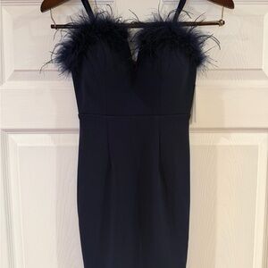 Xtraordinary Navy Mini Dress with Feather Accents